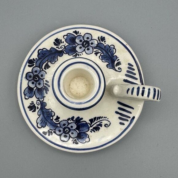 Vtg Delft Blue and White Single Taper Candle Holder Floral with Handle 4" Diam - Picture 3 of 7